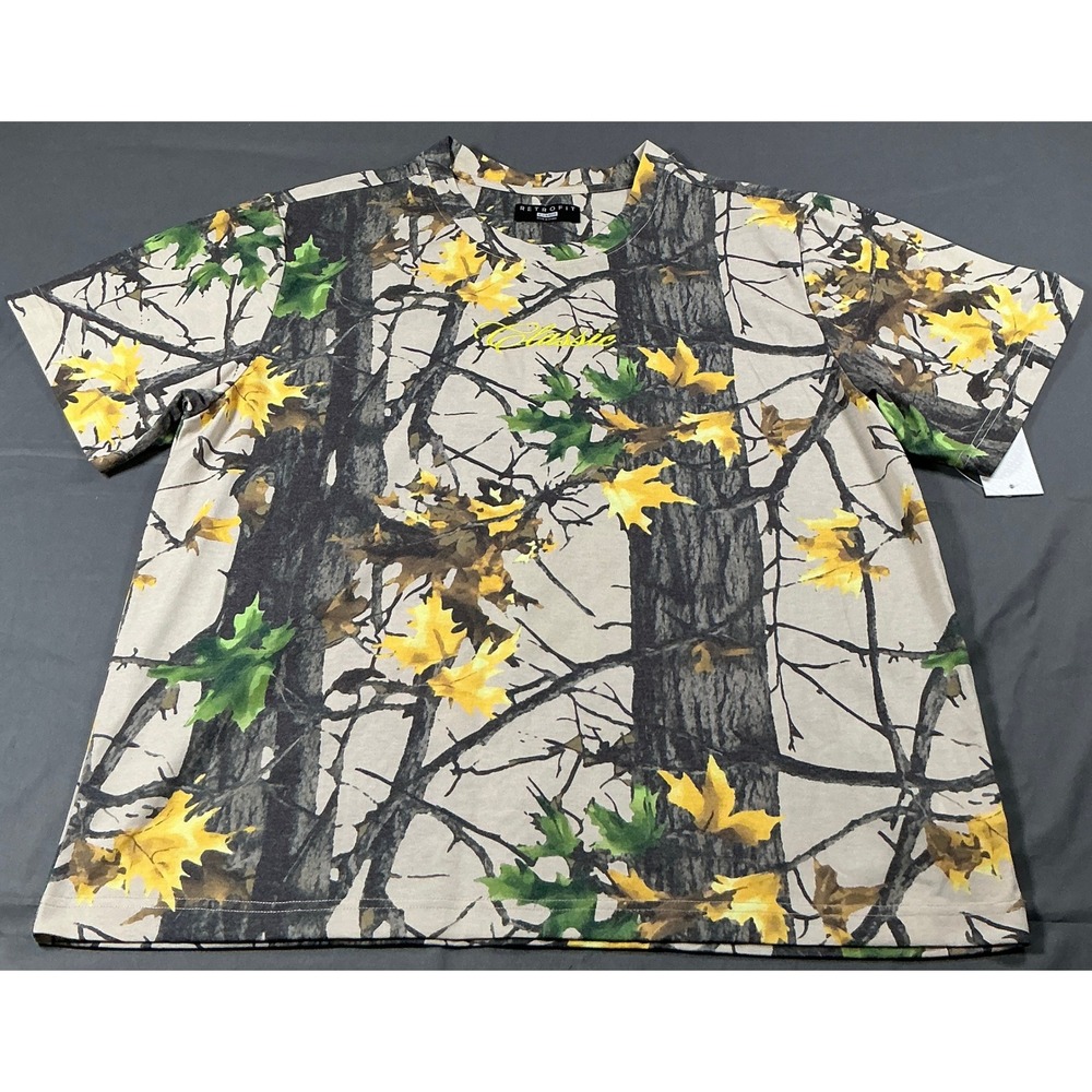 Retrofit Classic Mens XL Camo T-Shirt Real Tree Forest Leaf Print Tan Yellow